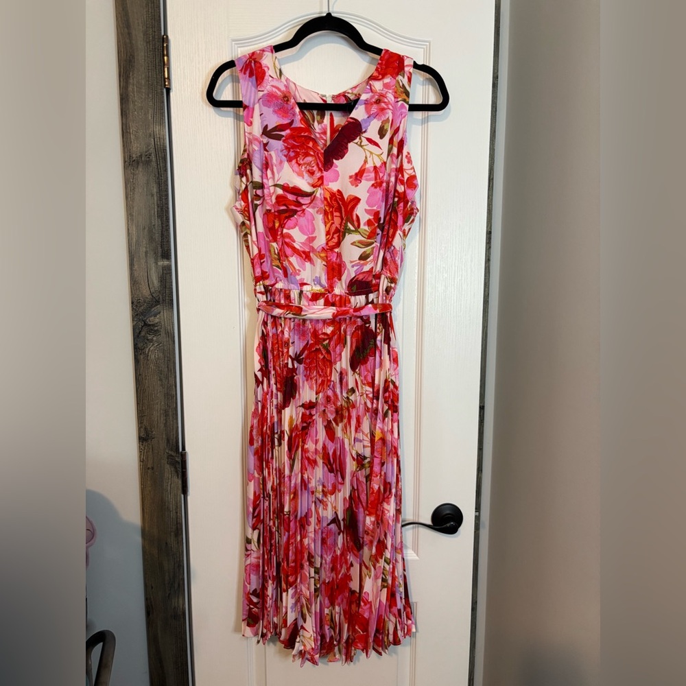 Lane Bryant Pink and Red Floral Pleated Midi Dress size 14 nwt